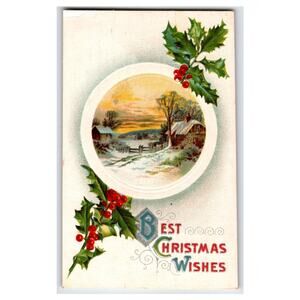 Vintage Christmas Postcard Snowy Rural Scene & Holly Berries